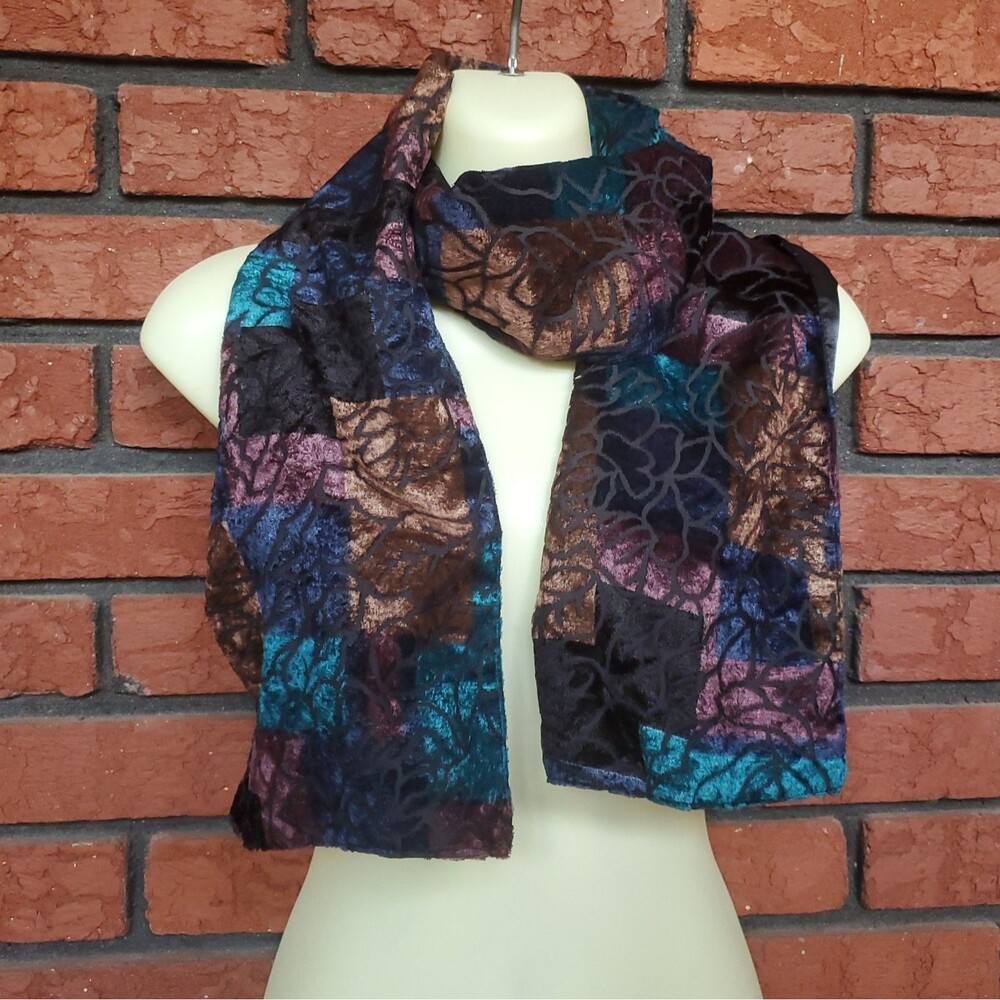 Dark Jewel Tone Textured Patchwork Scarf Floral Burnout 58 x 8 Rayon Blend